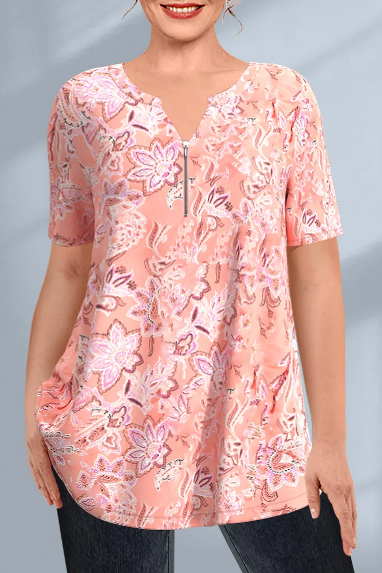 Flycurvy Plus Size Casual Pink Floral Print Zipper V Neck Blouse  Flycurvy [product_label]