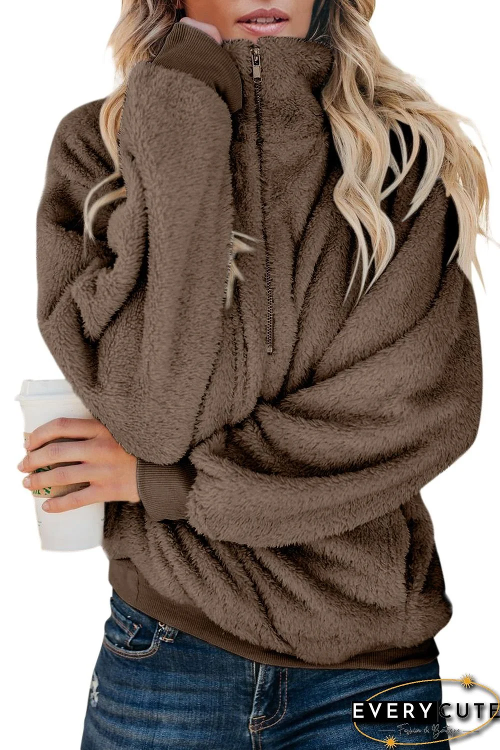 Brown Traverse Pocketed Sherpa Pullover Sweatshirt