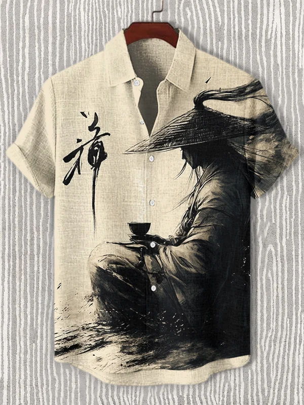 Men's Samurai Drinking Tea Meditation Ink Art Print Short Sleeve Shirt