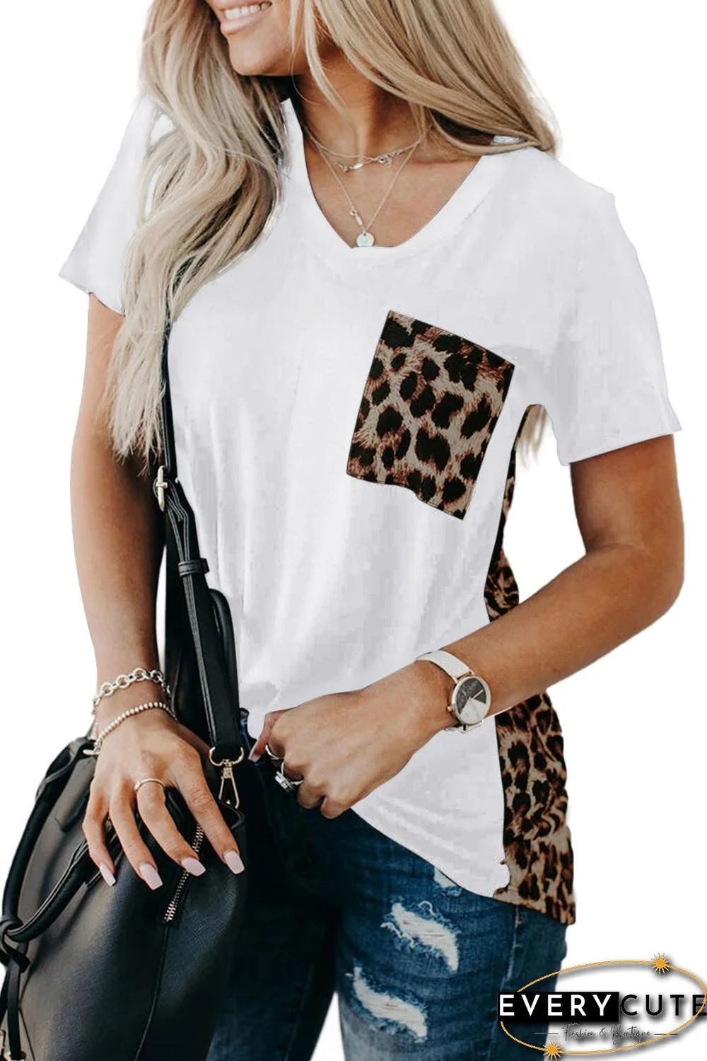White Leopard Printed Splicing T-Shirt