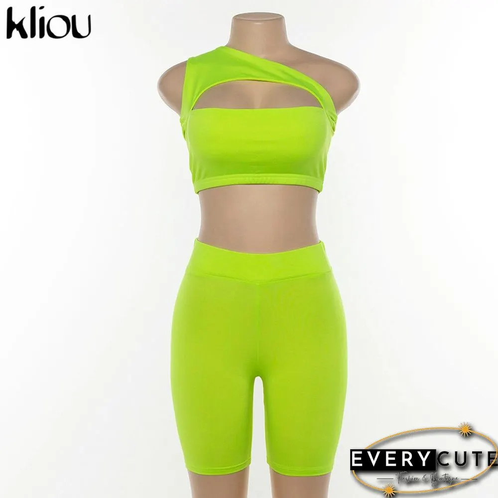 Kliou Classic Women Neon Color Two Pieces Set Off Shoulder Hollow Out Crop Top Elastic