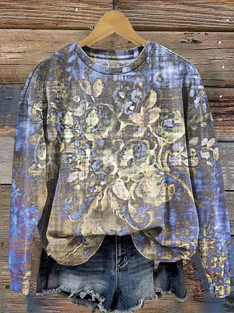 Women's Vintage Nostalgia Print Casual Crew Neck Sweatshirt