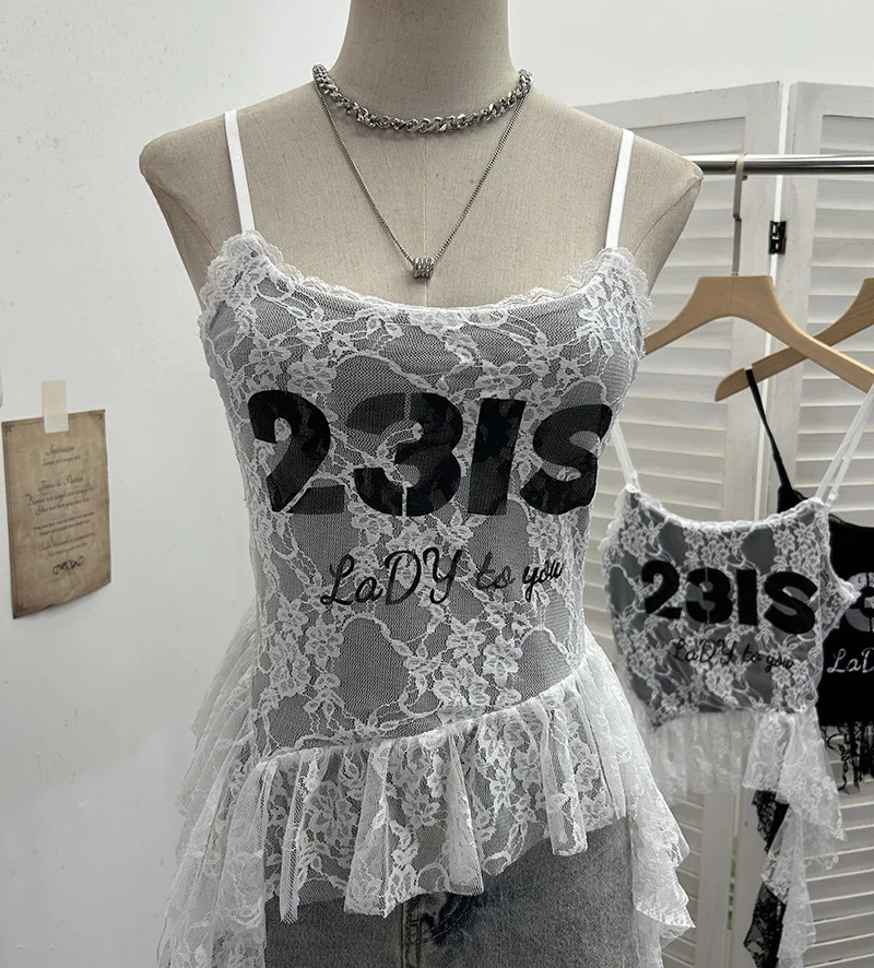 Uveng Real Shooting Lace Sling Vest Irregular Ribbon Hot Wear Print Short-Sleeved Top 1193