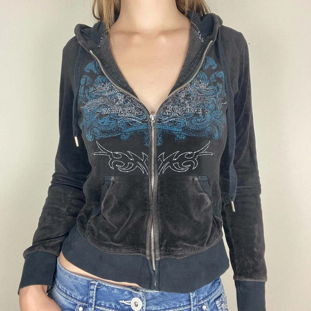 Brownm Creative Printed Rhinestones Zip Hoodie Sweaters