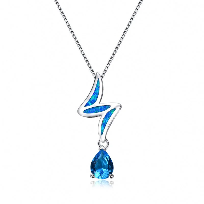 Cute Boho Female Big Lightning Water Drop Pendants Necklaces White Blue Fire Opal Necklace Silver Color Necklaces For Women