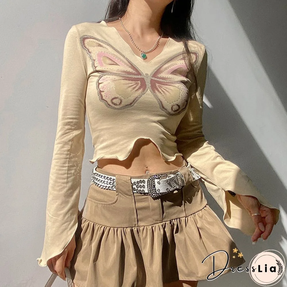 Fairycore Vintage Butterfly Printed Rhinestone Women T-shirts Fashion Cute Top Asymmetric Autumn Tshirt Tee Aesthetic