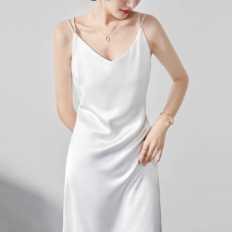 V Neck Satin Spaghetti Strap Dress Women Casual A-Line Solid Color Pajamas Dress 2023 Summer New Fashion Lady Party Dress