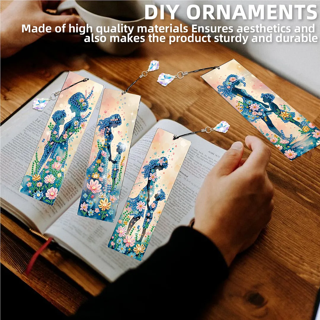 4Pcs Flowers and Parents DIY Diamond Bookmark Art Projects Irregular Shaped Diamonds Diamond Painting Art Bookmarks with Crystal Pendants for DIY Making Beginners Adult Art Craft Supplies