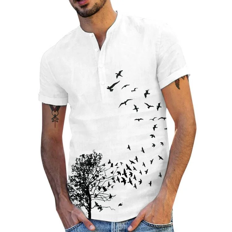 Loose Bird Print Youth Summer Collarless Men's Shirt socialshop