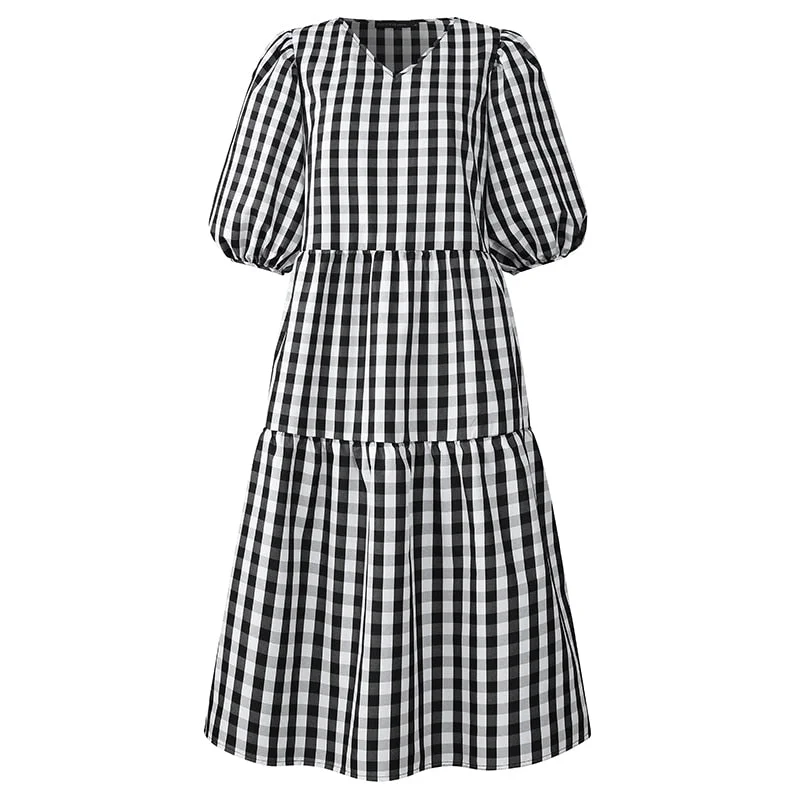 Women Summer Elegant V Neck Puff Sleeve Sundress ZANZEA Fashion Plaid Checked Midi Dress 2022 Casual OL Work Vestido Robe Femme