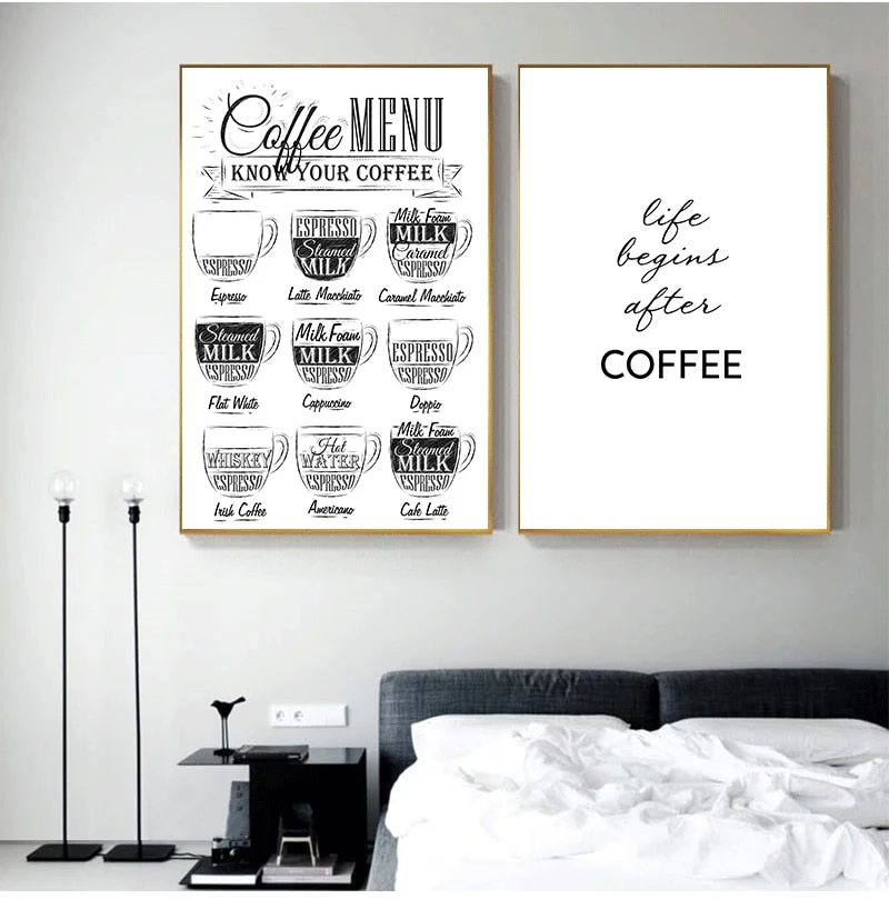 Nordic Coffee Menu Wall Pictures Art Print Black White Art Canvas Painting Cafe Shop  Wall Art Decor HD2616