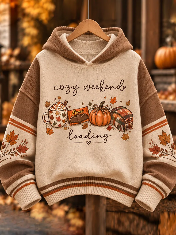 Comstylish Women's Pumpkin Maple Leaf Print Fall Color Block Hooded Sweater