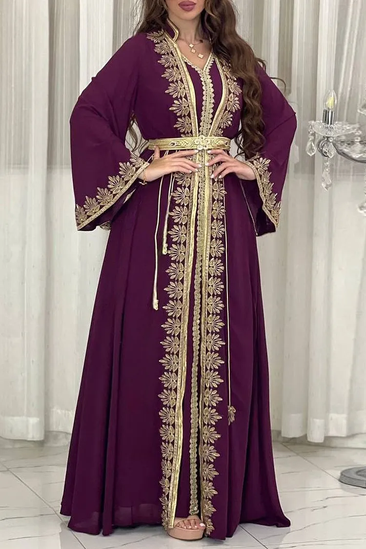 Sequins Embroidery Stand Collar Abaya V Neck Sleeveless Maxi Dresses 2pcs Set