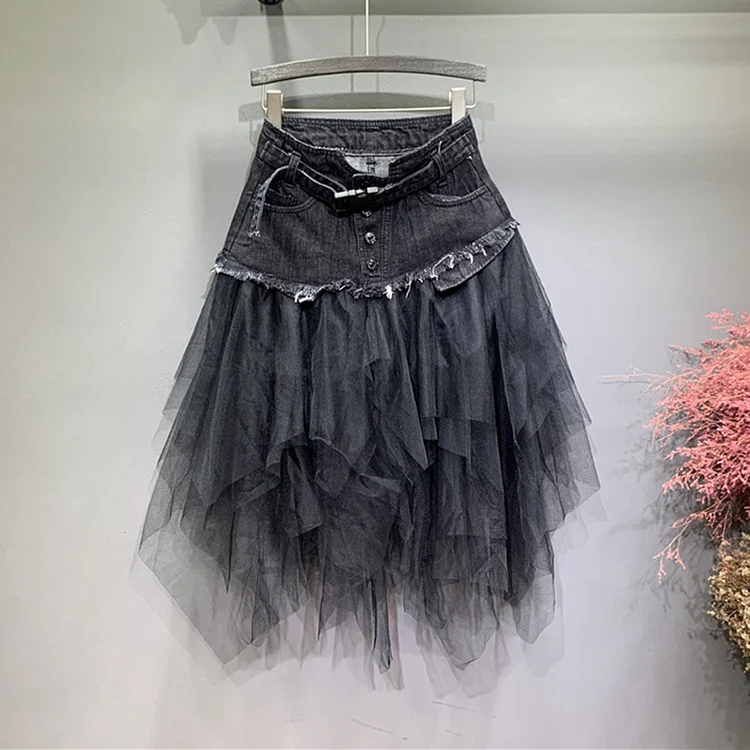Casual Irregular Mesh Patchwork High Waist Belt Denim Midi Skirt