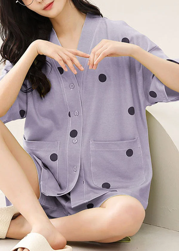 Beautiful light Purple V Neck Print Cotton Two Pieces Set Pajamas Summer