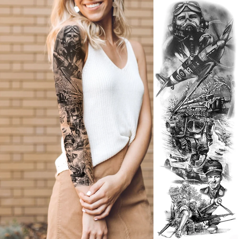 Sdrawing Temporary Tattoos Sleeve For Men Women Skeleton King Warrior Full Arm Tattoos Sticker War Black Fake Tatoos Long Sleeve