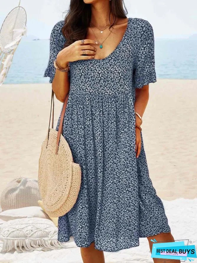 Casual Floral Summer V neck No Elasticity Daily Midi Short sleeve A-Line Dress for Women