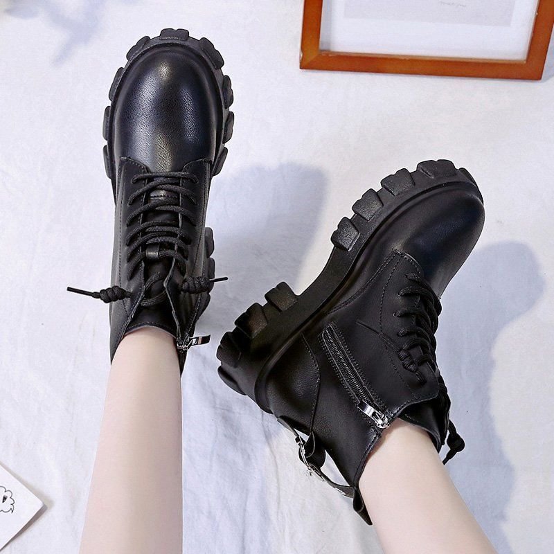 Round Toe Med Heel Boots Women Shoes Autumn Boots-women Booties Ladies Lace Up Luxury Designer Lolita Black 2021 Rubber Flat
