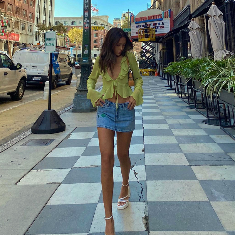 Ootddress Fashion Boho Ruffle Blouse See-Through Lace V-Neck Tops For Women Long Sleeve Summer Shirt Party Beach Cropped Top 2025