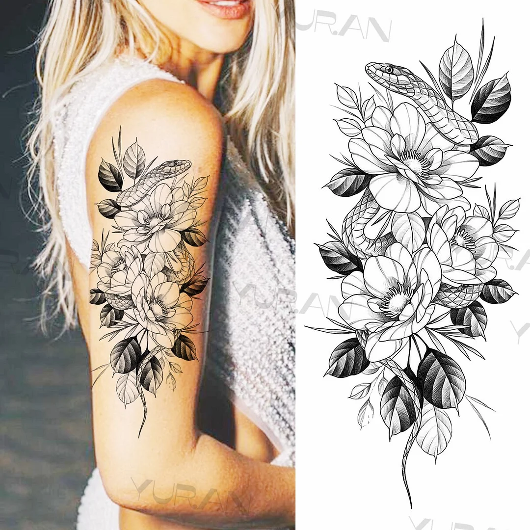 Sdrawing Rose Flower Temporary Tattoos For Women Realistic Snake Butterfly Flora Fake Tattoo Sticker Arm Body Waterproof Tatoos
