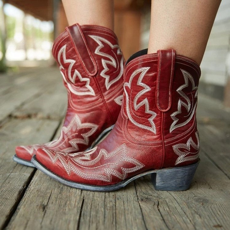 Women's Floral Embroidered Cowboy Boots Chunky Heel Short Pointed Toe Cowgirl Boots