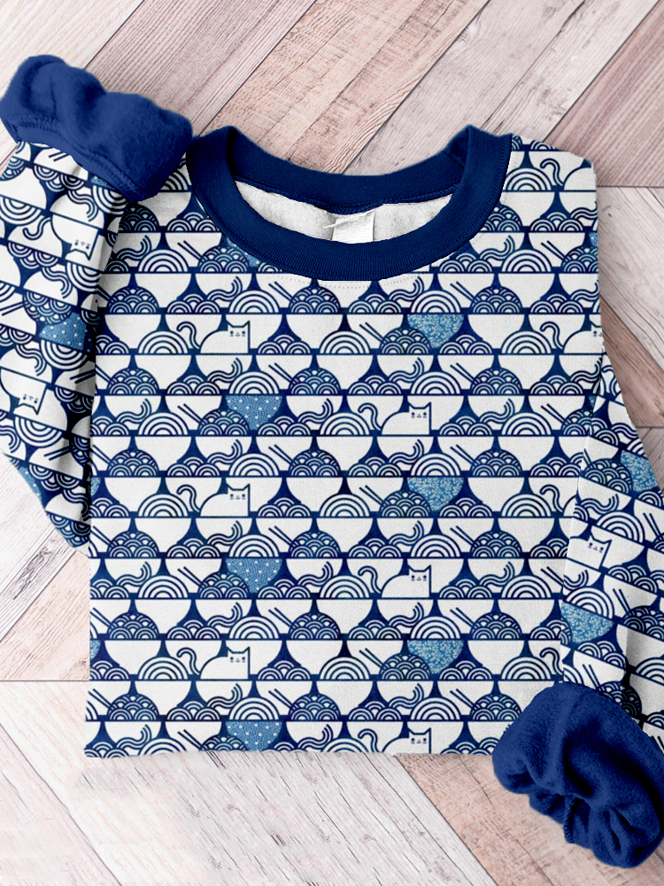 Romanshe Funny Japanese Art Cat Noodle Comfy Sweatshirt