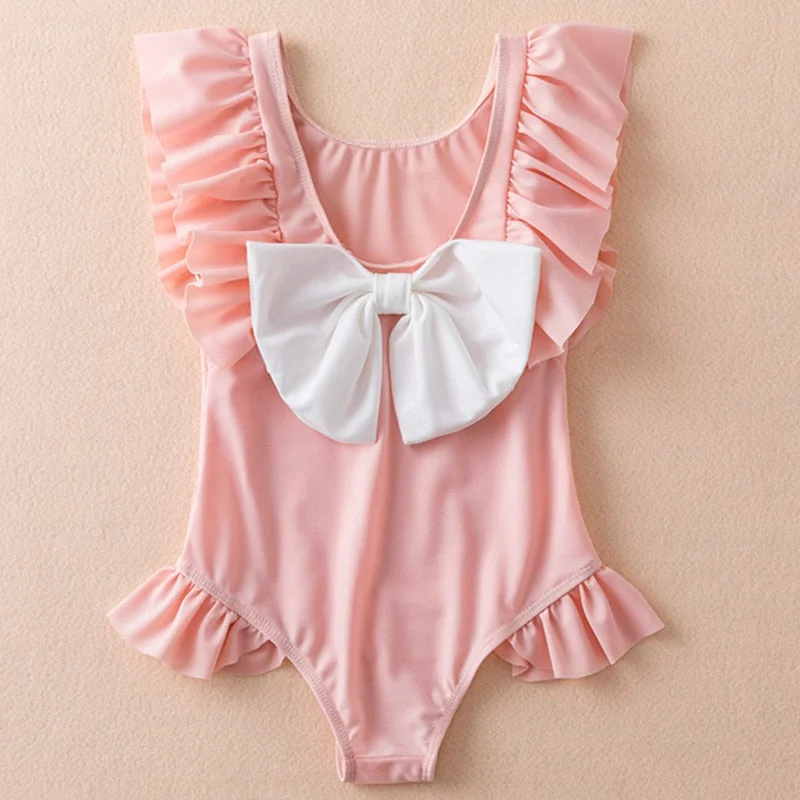 Toddler Girls Summer One Piece Swimsuit Kids Rufle Pink Swimwear Children Big Bow Swimsuit for Girl Clothes Baby Girl Beach Wear