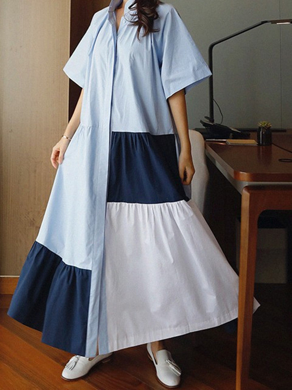 Contrasting Color Ruffled Loose Casual Dress
