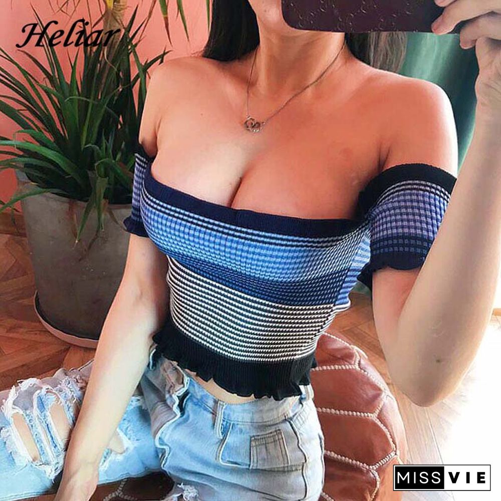 Heliar Women Rainbow Stripes Tops Female Off Shoulder Tops Women's Clothing Ruffles Hem Tees Lady Sexy Tops For Women T-Shirts