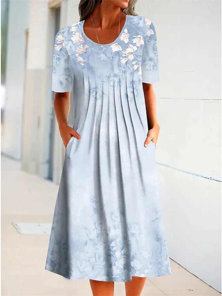 Women's Light Blue Short Sleeve Scoop Neck Floral Printed Midi Dress