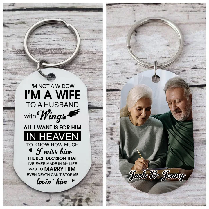 Personalized Photo Keychain Custom 2 Names Keyring Memorial Gift "I'm A Wife To A Husband With Wings"