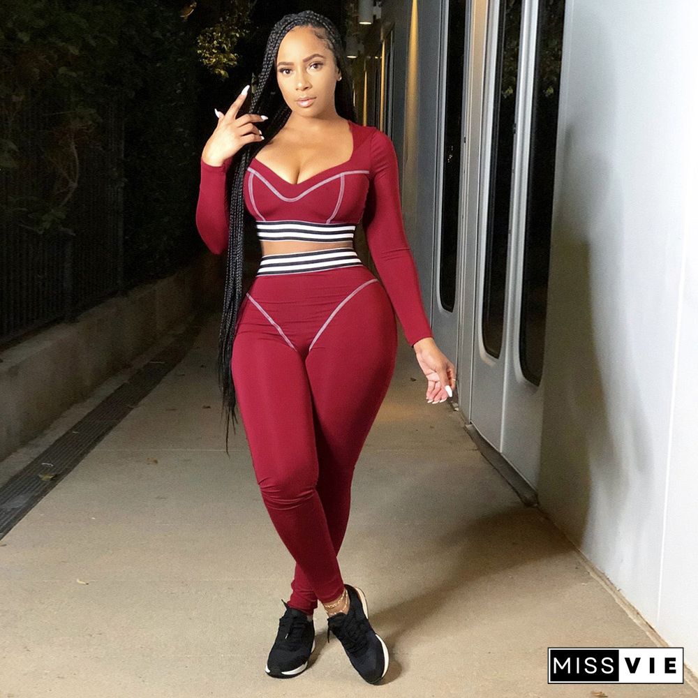 V-neck Stripe Long Sleeve Crop Top Tight Sport Suit