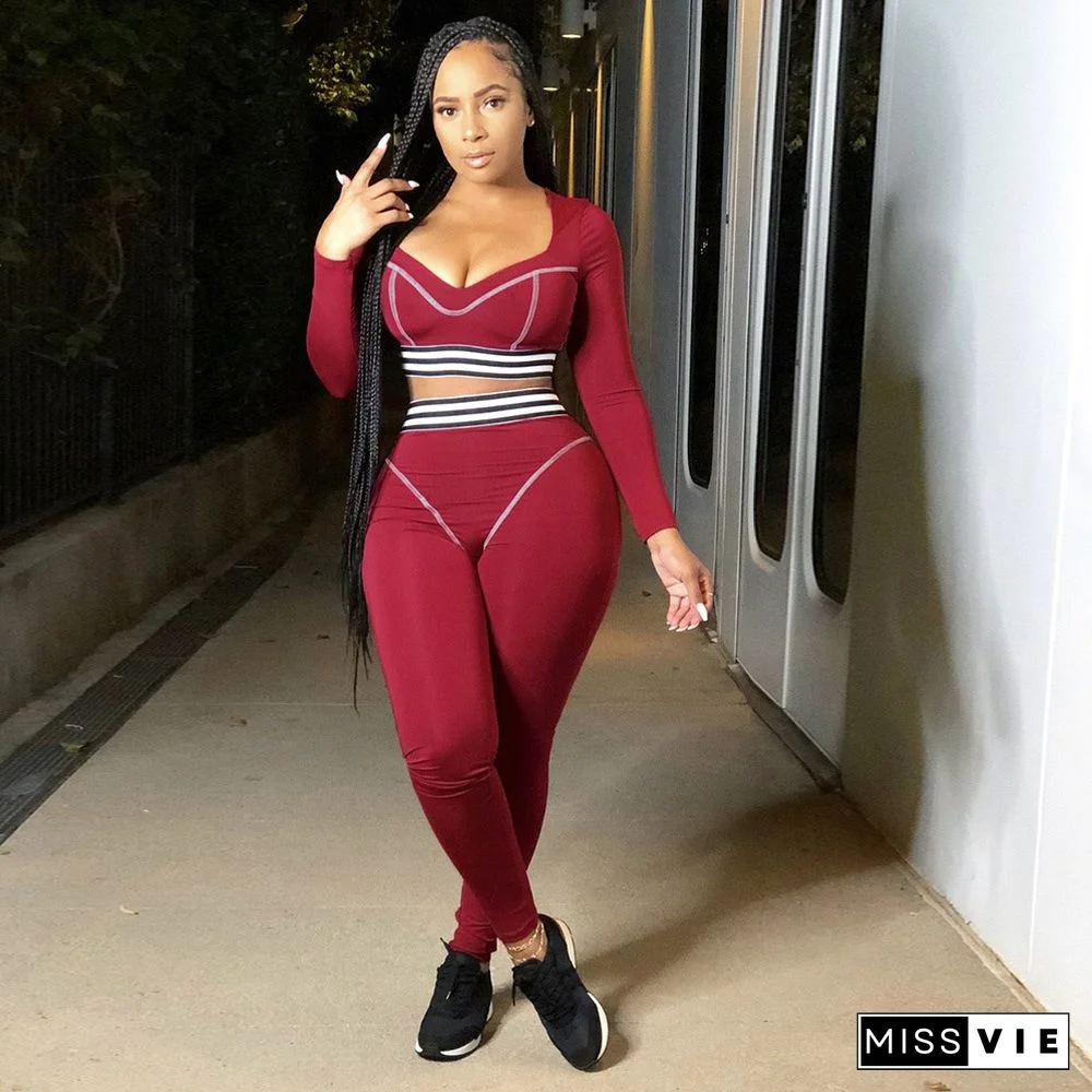 V-neck Stripe Long Sleeve Crop Top Tight Sport Suit