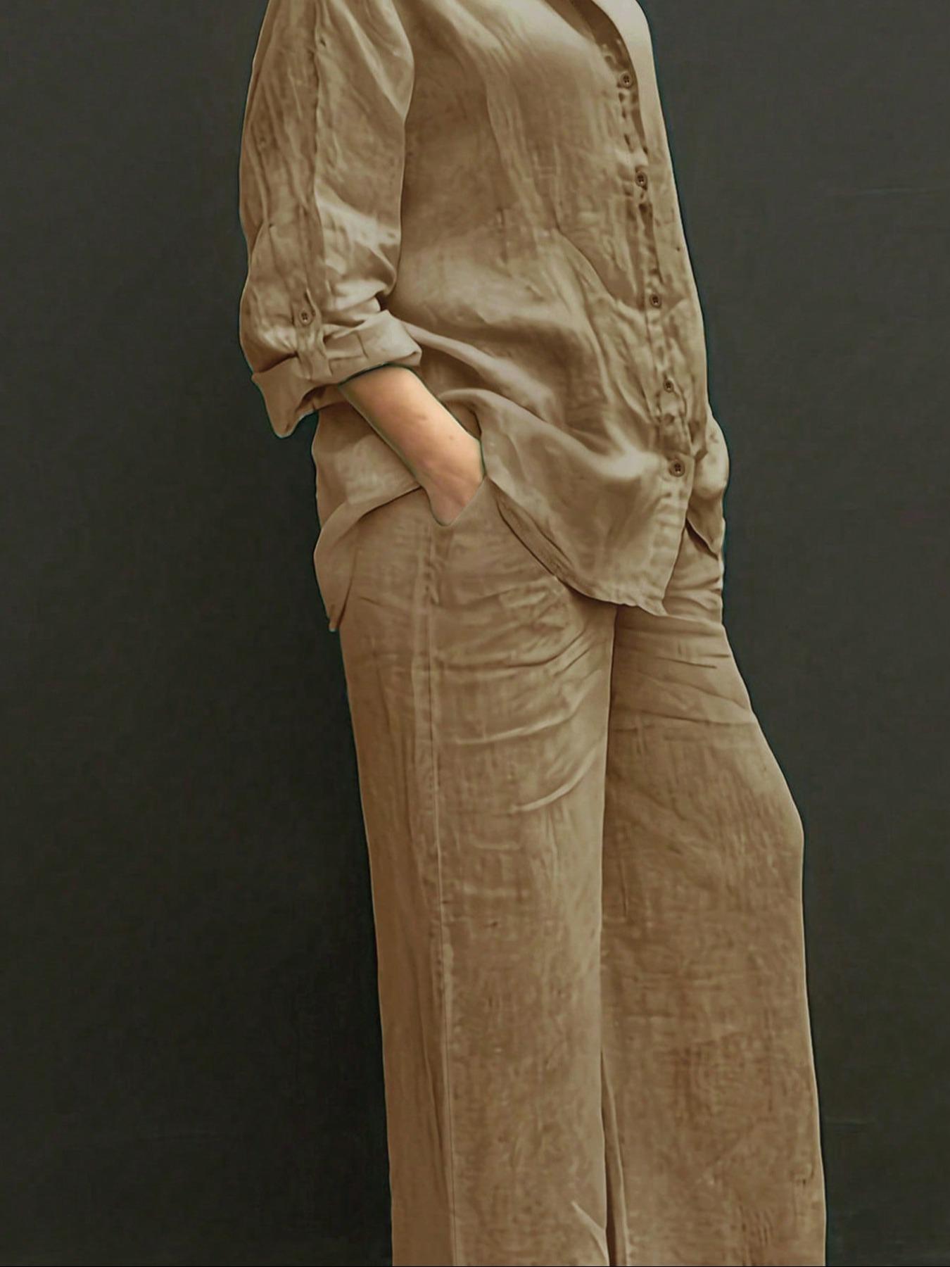 Women's Solid Color Shirt & Wide Leg Pants Set, Casual Fashion Cozy Breathable Two-piece Outfits for Daily Outdoor Wear, Women Clothes for Spring Fall