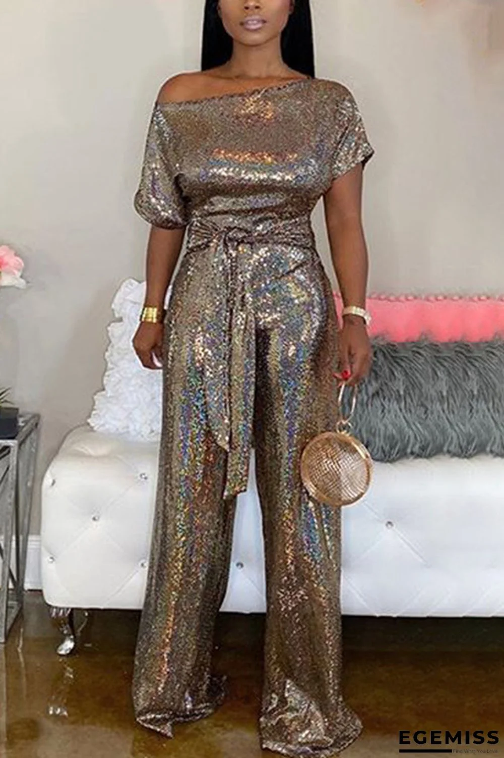 Gold Fashion Sequined Laser Off The Shoulder Jumpsuit | EGEMISS