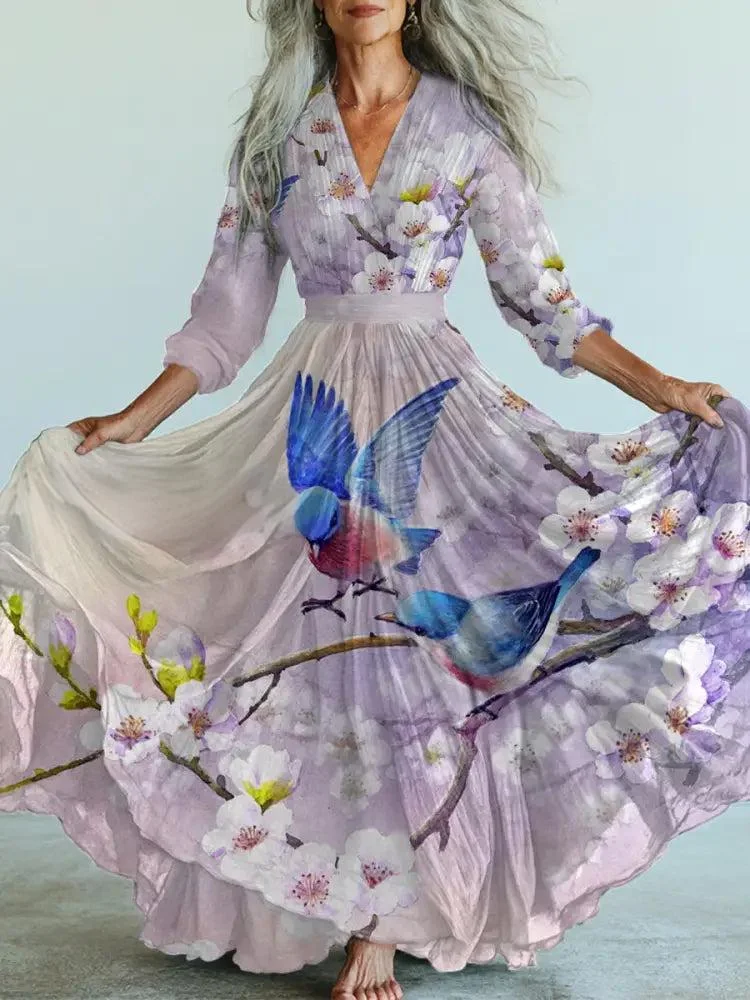 Retro Floral Art Printed Vintage V-Neck Long Sleeves Midi Dress