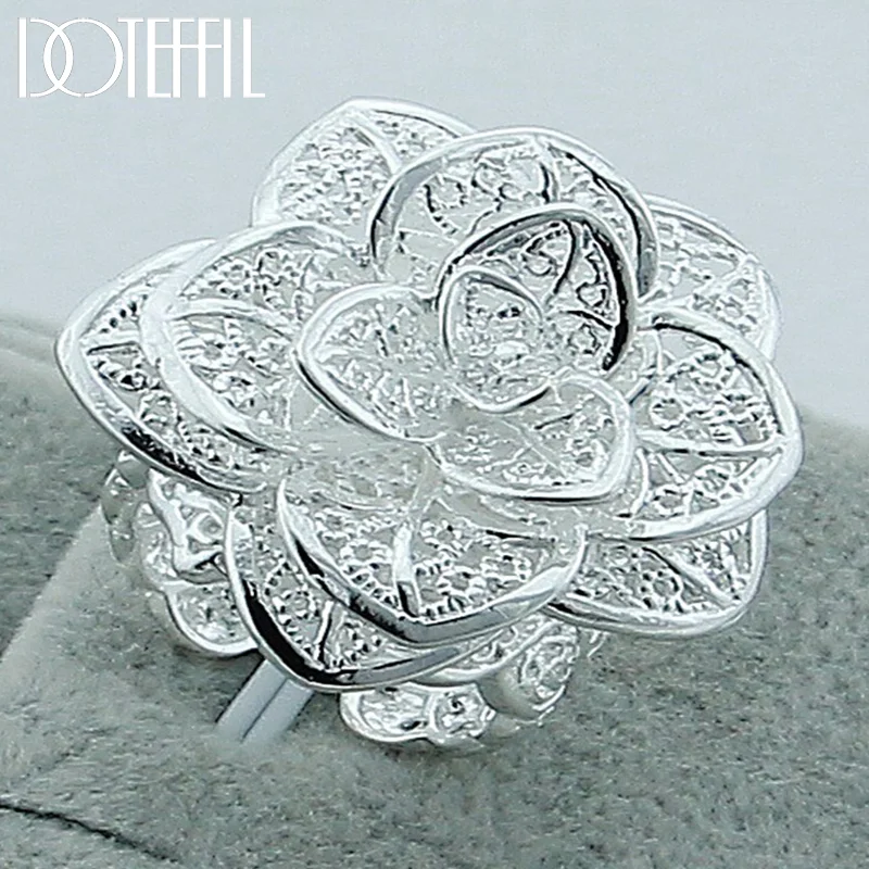 DOTEFFIL 925 Sterling Silver Rose Flower Open Ring Hollow Out Design Ring For Women Jewelry
