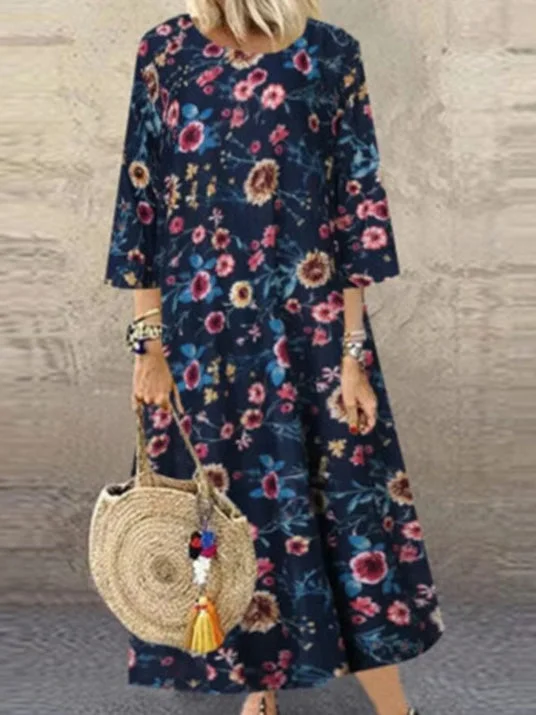 Women's Floral Printed Round Neck 3/4 Sleeve Maxi Dress