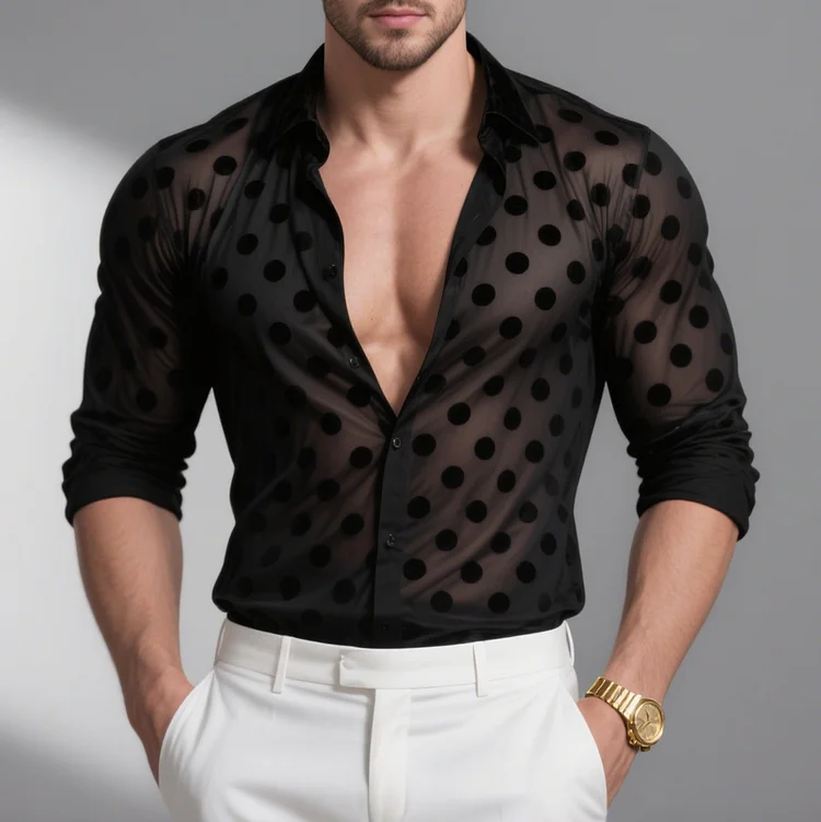 Okaywear Flocked Polka Dot Button Long Sleeve See-Through Shirt Okaywear