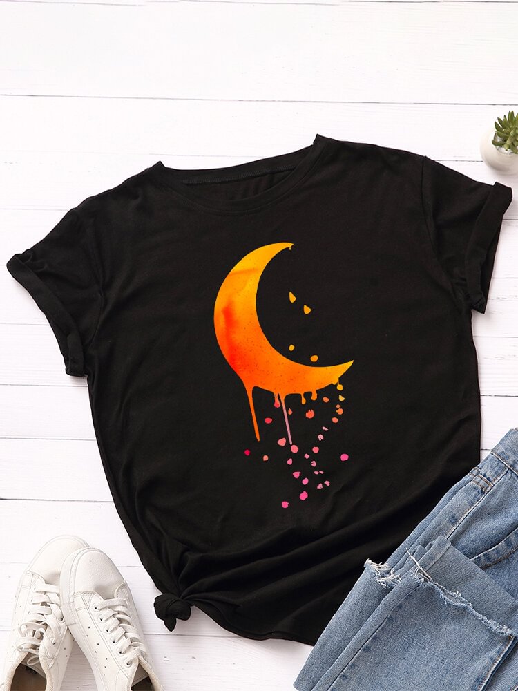 Moon Print Short Sleeve O neck Loose Casual T Shirt For Women P1800180