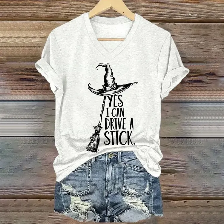 Women's Yes I Can Drive A Stick Halloween Printed V-neck T-shirt