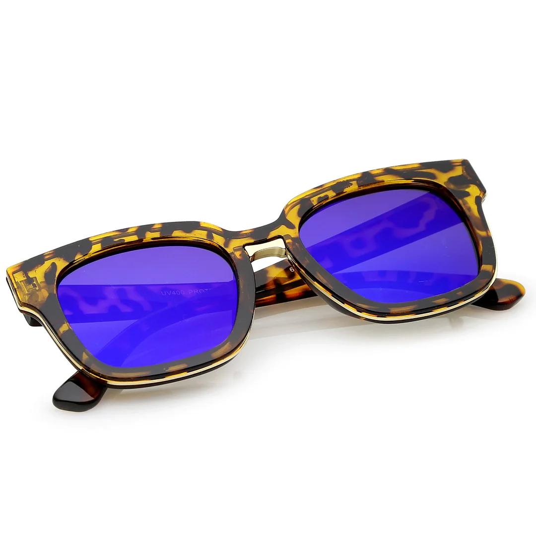 Modern Metal Trim Bridge Square Mirror Flat Lens Horn Rimmed glasses 50mm