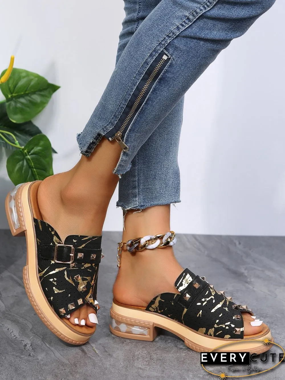 Urban Studded Snake Print Chunky Heel Slippers