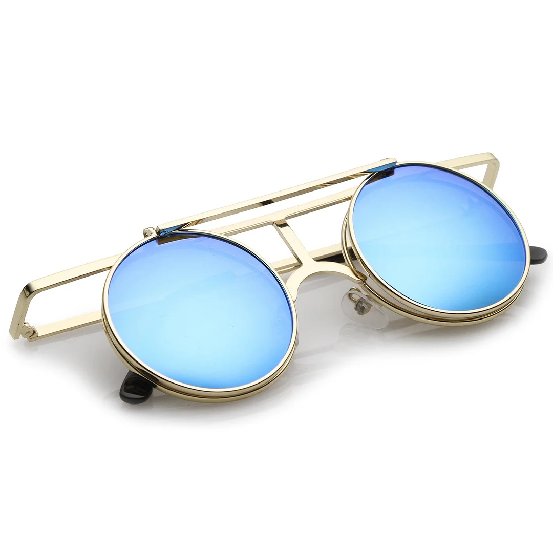 Steampunk Flip Up Cover Flat Top Colored Mirror Clear Lens Round glasses 44mm