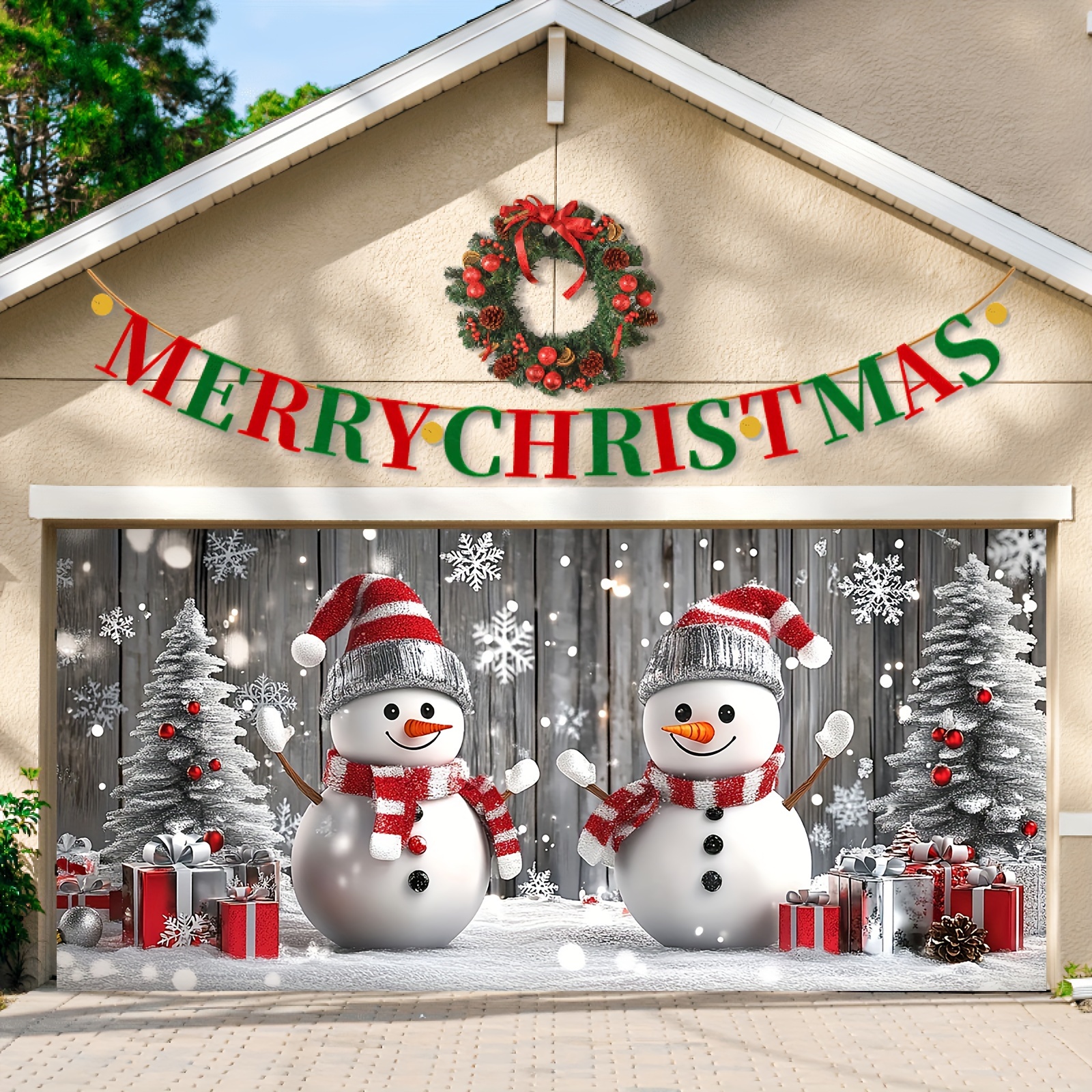 Tegooe Jumbo Snowman Christmas Garage Door Mural Festive Outdoor Holiday Banner for Home