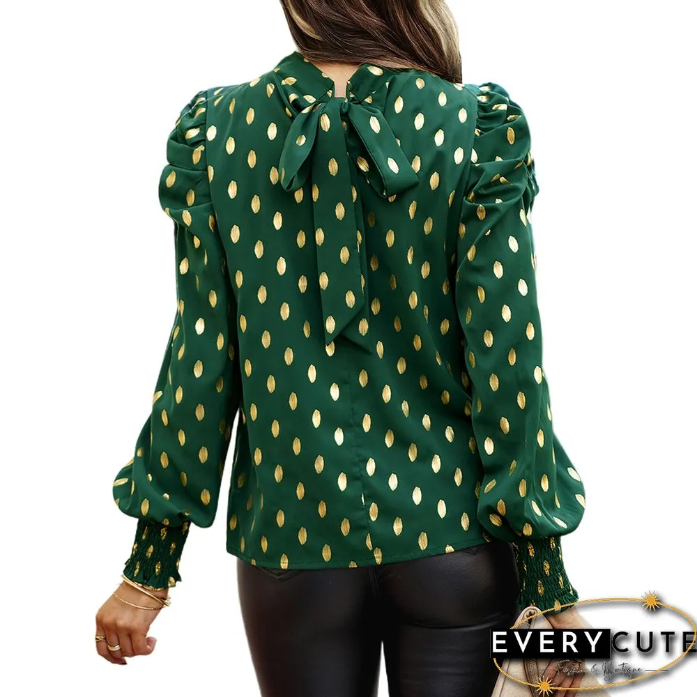 Green Polka Dot Pleated Cuffs Long Sleeve Tops