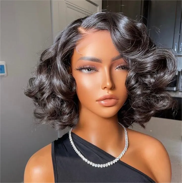 Sea Wave Natrual Black Lace Frontal Bob Wig 150% Density display picture 3