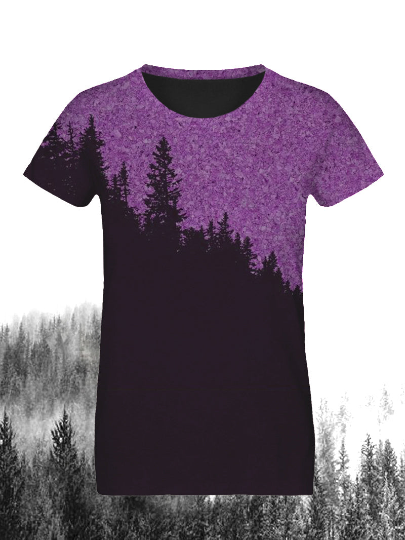 Woman's Contrast Short-sleeve Casual Sport T-shirt with Cedar Tree Forest in the Mountains