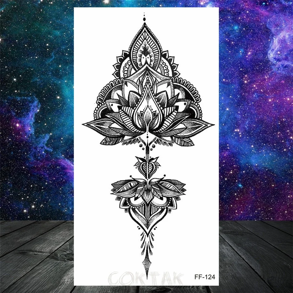 Owl Moth Jewelry Temporary Tattoo For Women Men Mandala Henna Flower Tattoo Mehndi Fake Pendants Geometric Tatoo Chest Back Lace