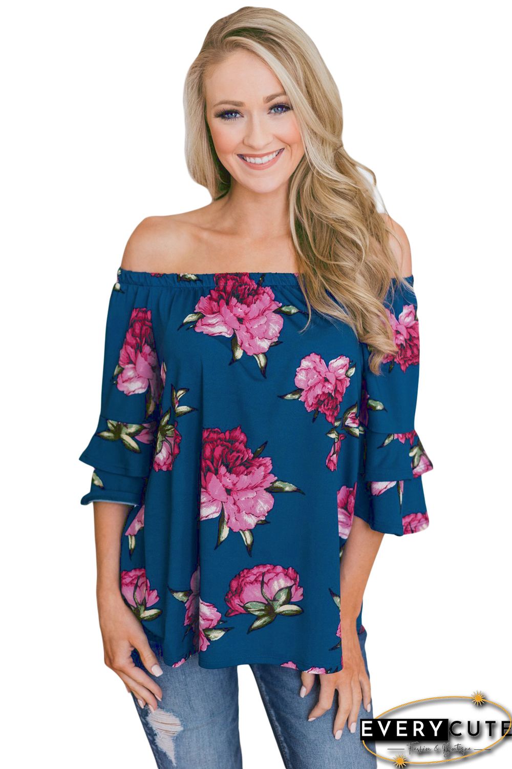 Sky Blue Bring on The Floral Off The Shoulder Top